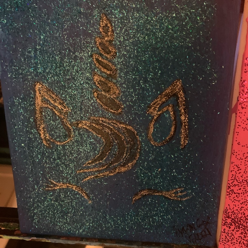 (1) Blue and silver unicorn glitter painting